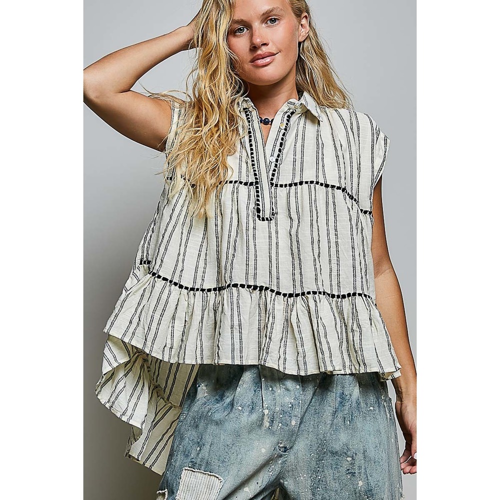 POL Striped Ruffle Collared Sleeveless Cotton Top - Grey - Medium - Picture 4 of 6